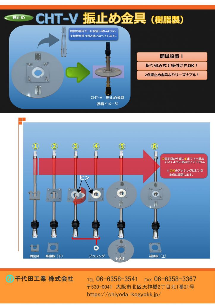 CHT 振止め金具・固定具（V型 F型）　継足しキー（継足し棒、継足しロッド、中間軸、中間ロッド、延長棒、継手キー）用
CHT 振止め金具 V型は既設継足しキー（継足し棒、中間軸、延長棒、継手キー）に取付し易いように、本体の指示盤が折りたたみ式になっています。
CHT 振止め金具 F型は「V型」のように指示盤が折りたたみ式ではないため、主に新設の現場で御使用いただいています。2点振れ止め金具よりリーズナブル（弊社比較）です。
