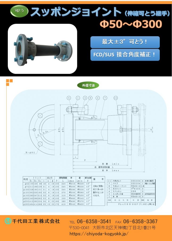 伸縮管 スッポンジョイント 伸縮可とう継手　FCD/SUS Φ50～Φ300
接続フランジ　　7.5K・10K・16K・20K 
面間寸法は標準以外でも、現場に合わせ制作致しますのでお申し付け下さい。
例 Φ100 SP伸縮管 ０～６度 角度補正可能       SP伸縮管　【接合角度補正（両フランジ共伸縮）】
例 Φ100 SG伸縮管 ０～３度 角度補正可能     ＊面間寸法は標準以外も制作いたしますので、お申し付け下さい。               SG伸縮管 【接合角度補正（片フランジのみ伸縮）】
例 Φ100 SFタイプ ０～３度 角度補正可能        SFタイプ 【VP用・鋼管用】 現場合わせ向けです。
例 Φ100 SSタイプ ０～６度 角度補正可能　　 SSタイプ 【VP用・鋼管用】　現場合わせ向け