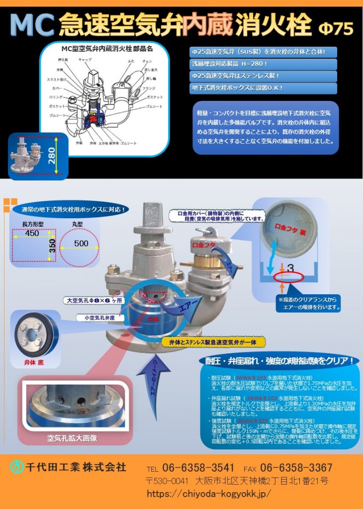 MC型 空気弁内蔵地下式消火栓　Φ75
消火栓の弁体と空気弁（急速Φ25）を合体！
浅層埋設対応製品　H＝280
空気弁はステンレス製（SCS 13）
埋設ボックスは一般的なボックス（350 x 450）でOK！
重量：20Kg
価格　Φ75 7.5K 内外紛 ￥201,300-