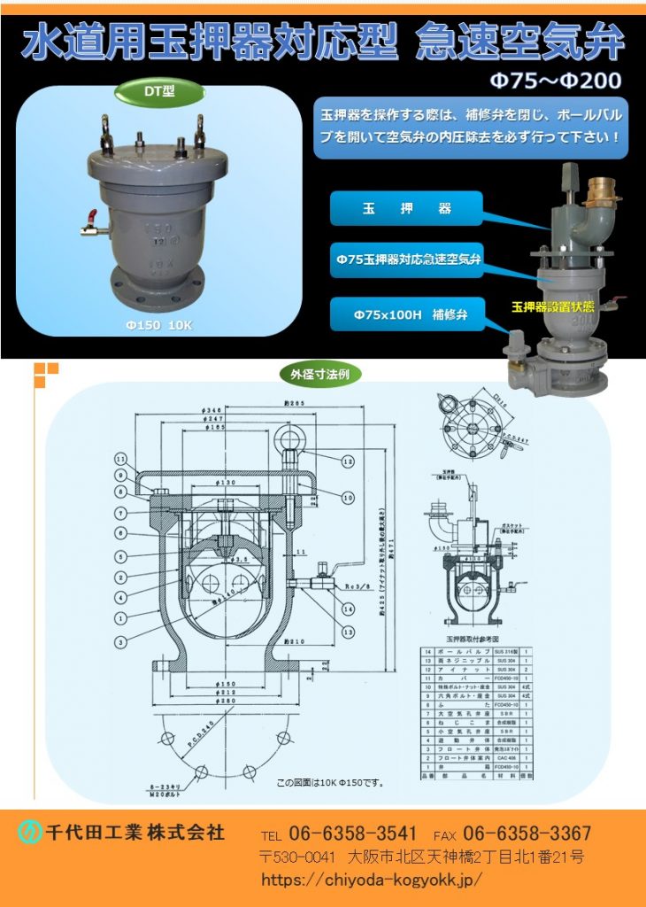 玉押器対応型 急速空気弁 Φ75～Φ200
玉押器を操作する際は、補修弁を閉じボールバルブを開いて、空気弁の内圧除去を必ず行ってください。
FCD・内外面粉体塗装（標準）
玉押器は旧(JIS B 2063)双口空気弁にも取付可能です。
玉押器対応型急速空気弁には玉押器の代わりに、「汚水流入防止ユニット」も取付可能です。玉押器対応型急速空気弁の玉押器取付 ボルト（4本）ピッチは各メーカー共通であり、他メーカーにも取付可能です。
水道用急速空気弁は直接的に水道管を維持管理します。「消火栓」や「仕切弁」は水道管を直接維持管理するものではないのに対して、空気弁は水道管内のエアーを必要に応じて吸排を自動で行います。例えば水道管が破損等を起こして、破損個所から水が勢いよく漏水する場面をTVなどで見かけたことはないでしょうか？このような状況では水道管内に負圧作用で真空状態が生まれ、その状態で道路上で重いトラックなどが通ったりした際に、水道管が「ぺしゃんこ」（紙パックのジュースをストローで飲み切った後も、更に吸い続けると紙パックが「へしゃげる」現象と同じ）になるイメージで2次災害につながる恐れがあります。こういった真空状態を避けるために、空気弁は吸気を行い、水道管の破損を未然に防いでいます。排気は、例えば断水した状態で水道管の工事を終え、通水する時に空気弁からエアーの排気が行わなければ、通水作業がスムーズに行うことができないといったことが空気弁があることによって、水道管、ひいてはライフラインを守っています。図面PDF、図面CADを御用意しています。