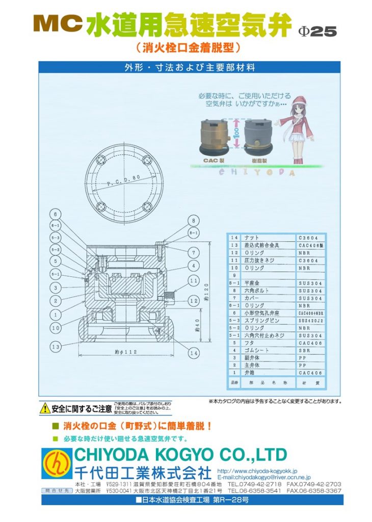 MC 消火栓口金着脱型急速空気弁 Φ25
地下式消火栓口金65A（町野口金）に着脱専用急速空気弁。
必要に応じて簡単設置（工具不要）可能。
砲金製(CAC406)と樹脂製(下部町野口金部はCAC406製)を御用意しています。
このMC型地下式消火栓口金着脱専用急速空気弁は地下式消火栓町野口金に設置し使用が終わり、取外す際には、圧力抜きネジを緩め内圧を逃がし、内圧が残っていないことを確認してから、消火栓の抜き金を上方向に引き上げて、取外しを行ってください。おかげさまで、各自治体様等で広く御採用いただいているなか、パッキン（圧力抜きネジのパッキン交換が多い）等の経年劣化による傷み等のご報告を賜る場合がありますが、お客様にはできるだけ、速やかに部品の提供を行えるよう、心がけています。