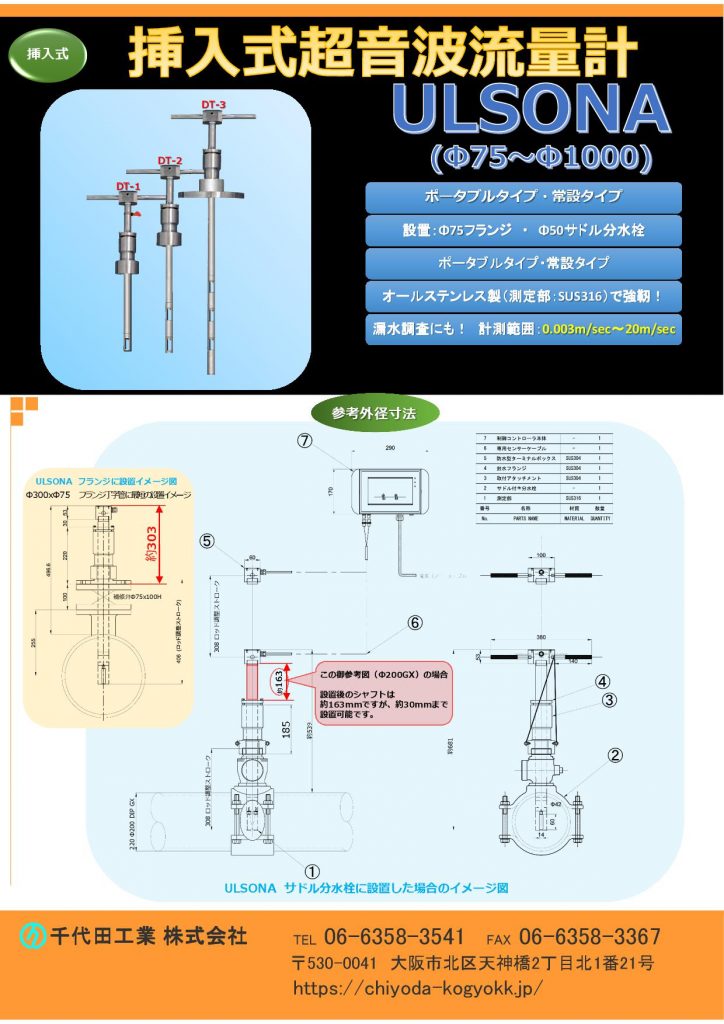 流量計の千代田工業(株)
挿入式超音波流量計ULSONAの設置イメージ図面です。サドル分水栓に設置するタイプとフランジに設置する(空気弁又は地下式消火栓を外して補修弁に接続します)タイプの2種類があります。