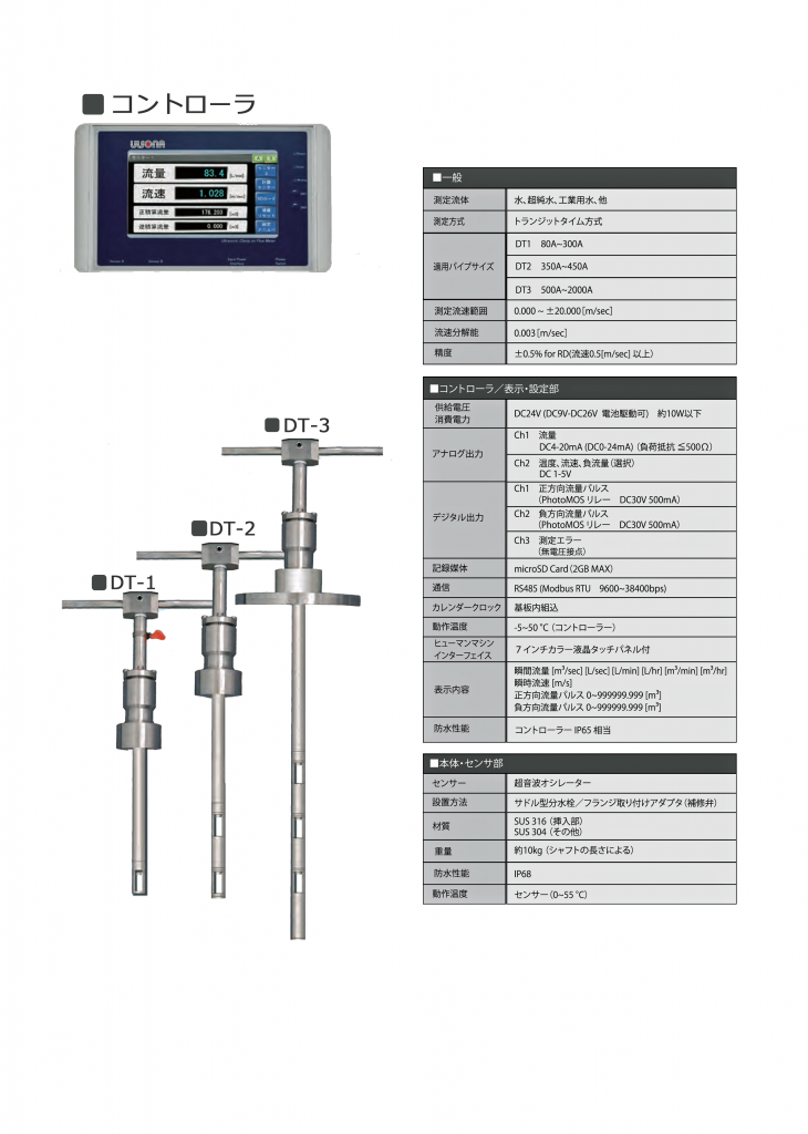 挿入式超音波流量計ULSONA DT1～DT3の一般仕様。
挿入式超音波流量計 ULSONA はコントローラ（ディスプレイと変換器が一体となっている）とセンサーを専用ケーブル（10m）で繋いで計測を行う。防水性能としてコントローラはIP65、センサーはIP68でコントローラとセンサーを繋ぐ専用ケーブル接続は防水タイプのBNCコネクターを採用している。
対応配管種は、鋳鉄管、鋼管、塩ビ管、ハイポリ管、ステンレス管と基本すべての配管を網羅している。
計測配管径としてはULSONA-DT-1：Φ75～Φ300、ULSONA-DT-2：Φ350～Φ450、ULSONA-DT-3：Φ500～Φ1000を計測。
