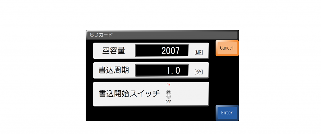 超音波流量計　クランプオン式（外装式） R2は、パイプの外側から非接触で流体温度を測定できる高精度な流量計です。この流量計のコントローラには、7インチのカラー液晶タッチパネルが搭載されており、さまざまな設定やデータの確認ができます。その中の一つが「SDカード」画面です。この画面には、以下のような機能があります。

- SDカード画面には、モニター1画面の右側にあるテンキーの「SDカード」ボタンをタッチすると表示されます。
- SDカード画面では、流量や温度などの計測データをmicroSDカード（2GB）に記録することができます。記録周期は最短6秒毎から設定できます。
- SDカード画面では、タッチパネル方式で操作できます。画面上には、「書込開始」「書込停止」「書込周期設定」「データ削除」「データ確認」などのボタンがあります。
- SDカード画面から他の画面に戻るには、「戻る」ボタンをタッチします。