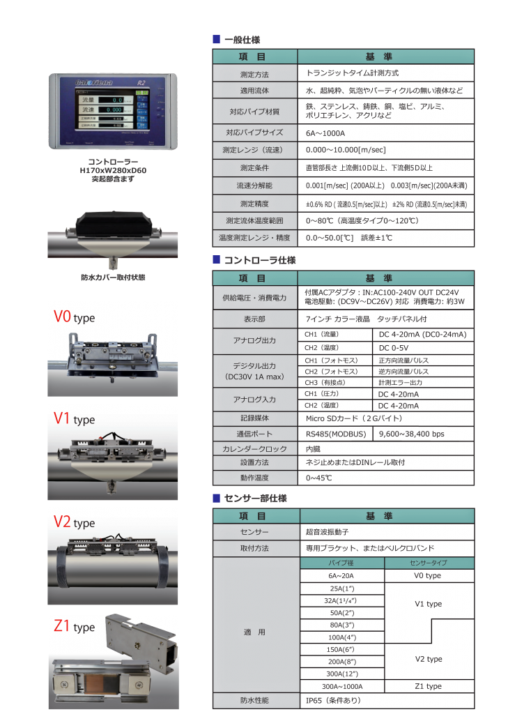 超音波流量計 クランプオン式（外装式）Caloriena R2は、パイプの外側にセンサーを取り付けるだけで流量を測定できる便利な装置です。Caloriena R2は、V0,V1,V2,V3,Z1の4種類のモデルがあり、それぞれ流量測定範囲や精度、機能が異なります。一般仕様は以下の通りです。

- 測定流体：水、水溶液、油などの液体
- 測定方式：伝送時間差法
- 測定範囲：0.01～12m/s
- 測定精度：±1%FS（V0,V1,V2）、±2%FS（Z1）
- 測定パイプ径：15～6000mm
- 温度範囲：-20～120℃（センサー）、-10～50℃（コンバータ）
- 電源電圧：AC100～240V、DC24V
- 出力信号：4～20mA、パルス、RS485
- 保護等級：IP65（センサー）、IP54（コンバータ）