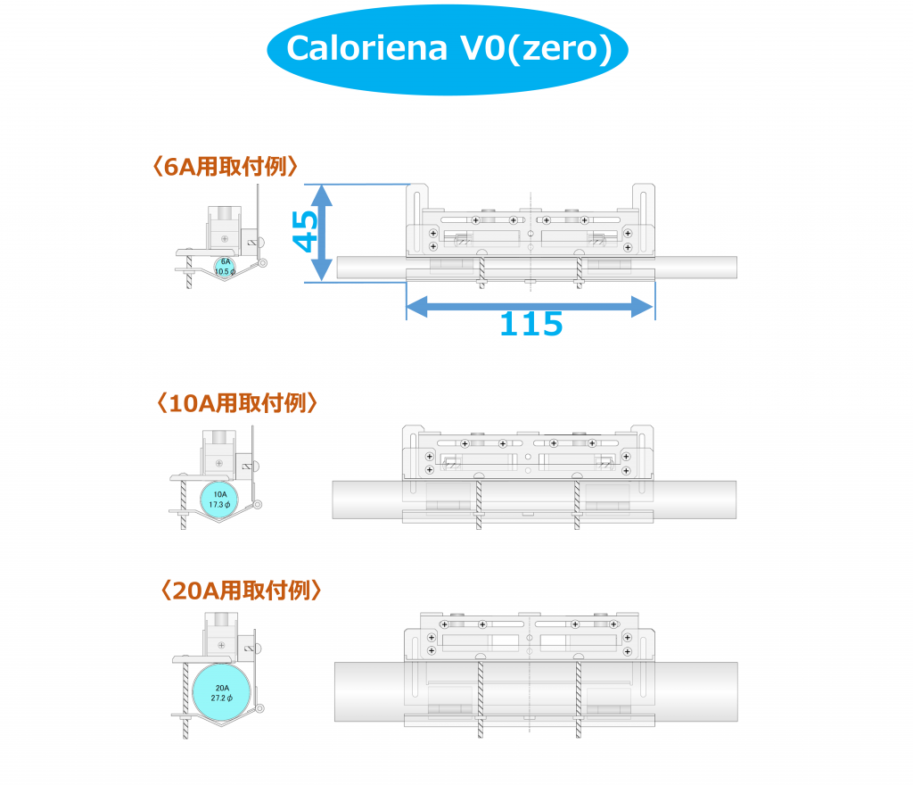 超音波流量計 クランプオン式（外装式） Caloriena R2 V0（ブイ ゼロ）のイメージと寸法を表示した画像です。