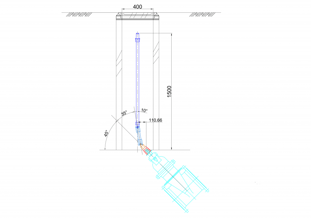CHI-UNI ユニバーサル継足しキー（継足し棒、継足しロッド、中間軸、中間ロッド、延長棒、継手キー）2点
埋設深度1500mmでソフトシール仕切弁が45°傾いている状態でユニバーサル継手2点を用い真上から操作できるようにしたイメージ図。ユニバーサル継手1点で最大の35°まで可動させ、ユニバーサル継手2点目で、10°補正することにより、ソフトシール仕切弁の傾き45°を補正し、ユニバーサル継足しキーを真上から操作することが可能となります。