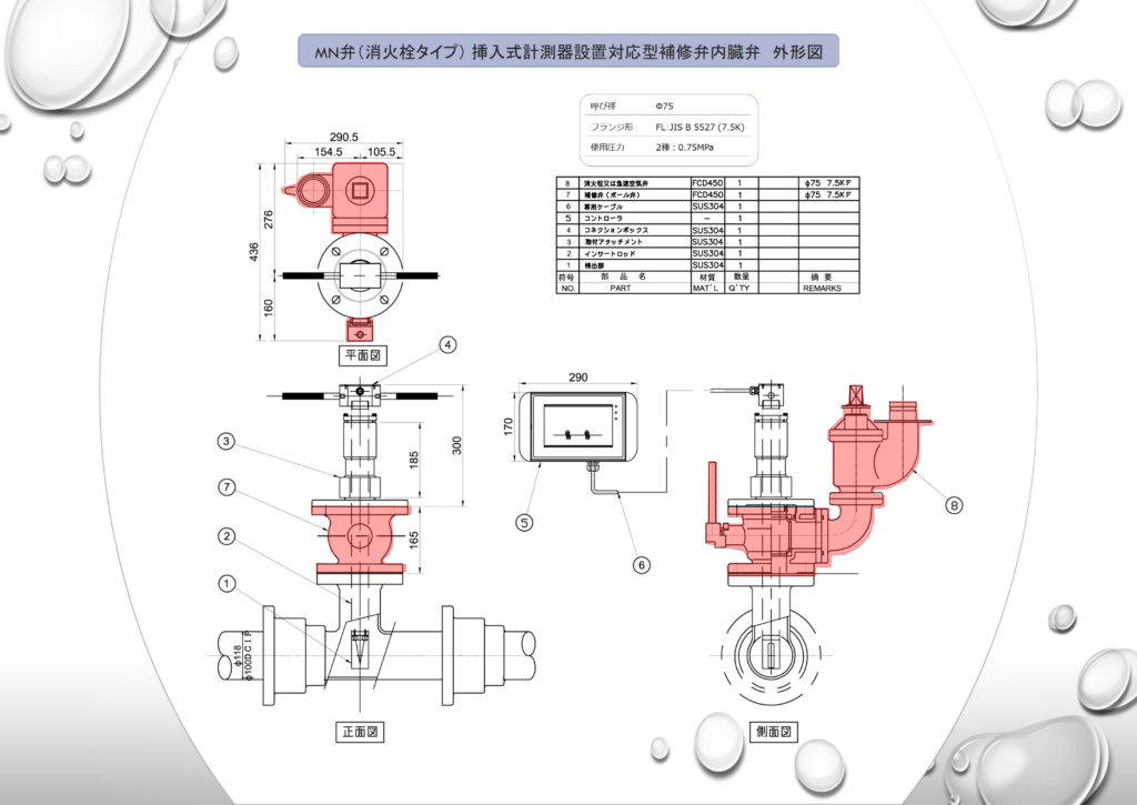 MN弁挿入式計測器設置対応型補修弁の外形図（消火栓タイプ）を掲載。MN弁に挿入式超音波流量計ULSONAを設置した図で、図中のMN弁挿入式計測器設置対応型補修弁を透明色（赤色）で図示している。