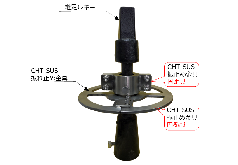 CHT-SUSステンレス製振れ止め金具（2つ割れタイプ）を継足しキー（継足し棒、中間軸、中間ロッド、延長棒、延長ロッド、継手キー）に取付けた状態の画像です。

振れ止め金具は主に、固定具と円盤部（支持部）の2つの部品で構成されています。他には円盤部（支持盤）が折りたたみ式（樹脂製）、円盤形などがあります。
CHT-SUSステンレス製振れ止め金具（２つ割れタイプ）は、継足しキー（継足し棒、中間軸、延長棒、継手キー）に取付けて安定的に制水弁等の開閉操作を行うための製品です。