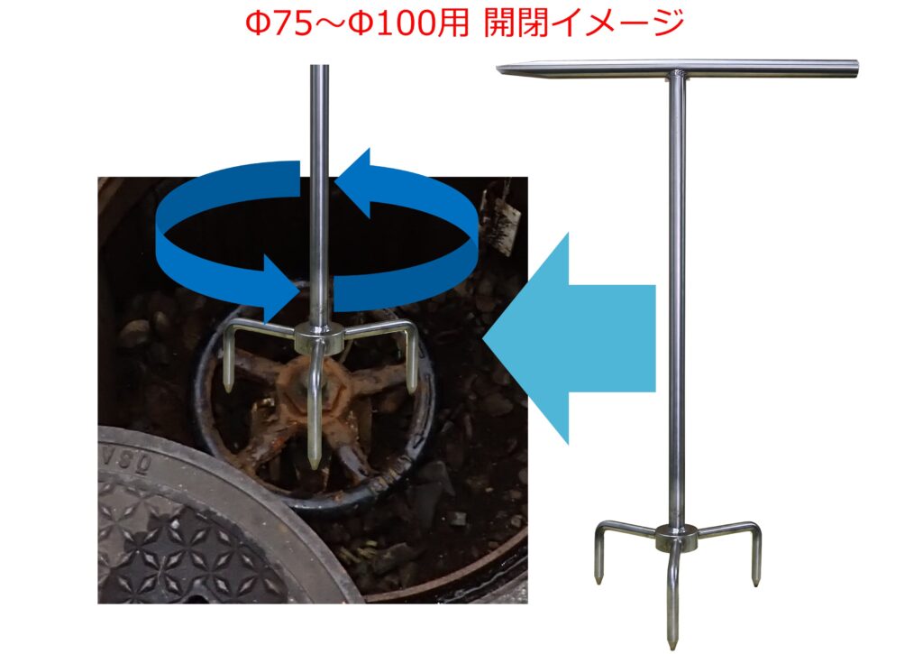 ステンレス製三又バルブキー（開栓キー、T字型開栓キー、開栓器、仕切弁キー）　Φ100以上用
このステンレス製三又バルブキーは丸ハンドル仕切弁用に開発したバルブキーである。小口径用丸ハンドル止水栓キーはU型でいわゆる、2又で丸ハンドルに差し込み開閉を行うが、仕切弁口径がΦ100以上の場合、二又では開閉作業が困難なため、三又タイプを採用した。丸ハンドルソフトシール仕切弁の開閉は比較的容易と思われるが、JWWA B122の丸ハンドル仕切弁の開閉作業では困難な場合も想定される。