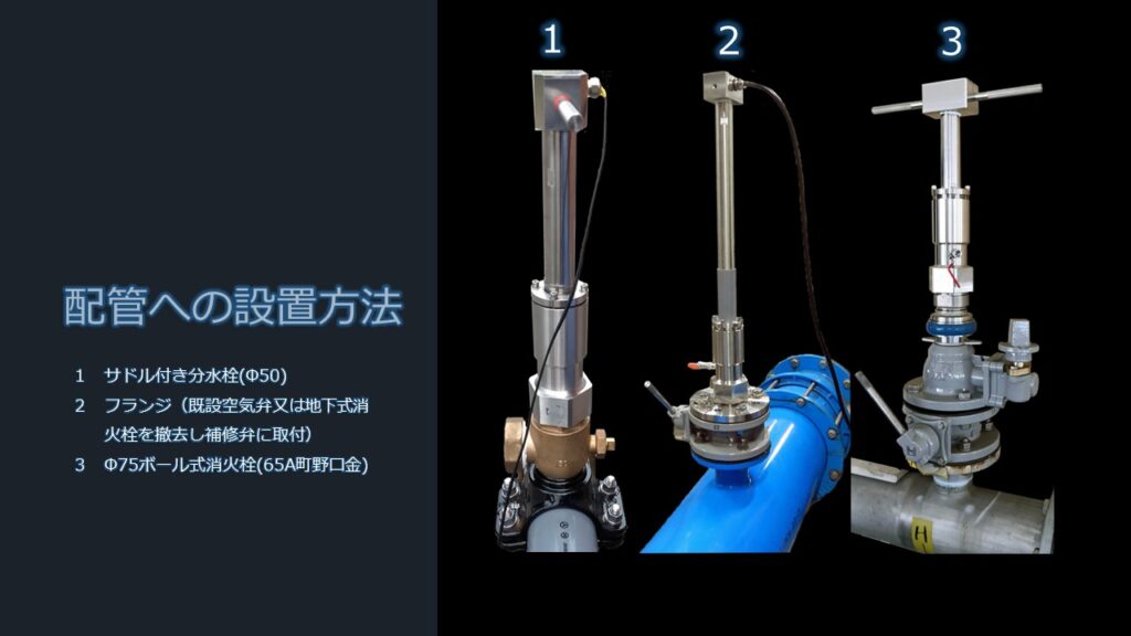 ウルソナ流量計は、配管にセンサーを挿入して直接流体の流速と流量を測定する超音波式の流量計です。
流体と直接接触することで、外部の影響を受けにくく、高い精度と安定性を実現しています。
センサーはオールステンレス製(接水部はSUS316)で、シンプルで頑丈な構造になっています。
配管に設置する方法は、「サドル付き分水栓、フランジ、ボール式消火栓」の3種類があります。
どの方法でも断水や工事が不要で、簡単に取り付けることができます。
測定に必要なパラメータの設定や調整・校正は自動化されており、
ユーザーはボタンひとつで操作できます。
ウルソナ流量計は、水温や水圧、残留塩素濃度なども測定できる多機能な流量計です。
挿入式流量計の種類について
挿入式流量計は、配管に検出器を挿入して直接計測を行う流量計です。電磁流量計では困難であった低流速における計測が可能となり、高感度かつ高精度な計測性能を実現します。
挿入式流量計には、電磁式流量計、超音波式流量計など、様々な種類があります。
電磁流量計は、水道管路の流速/流量測定に適し、工事を含めたトータルコストの低減を実現します。
超音波式流量計は、配管にセンサーを挿入して直接流体の流速を計測します。超音波は液中粒子や気泡に反射し、流体が移動していると、エコーは流速に比例して変化した周波数でセンサに戻ってきます。この周波数の変化から流速を測定します。
羽根車式流量計は、インペラ(羽根車)の回転数から、液体の流量を計測する流量計の一種です。