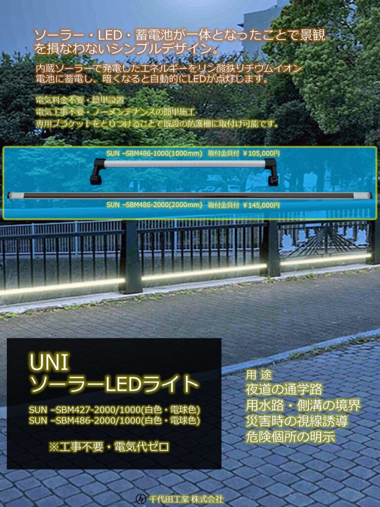 ソーラーLEDライト(UNI ソーラーLEDライト)のカタログ表紙1ページ目の画像です。ソーラー・LED・蓄電池が一体となったことで景観を損なわないシンプルデザインにしています。
内蔵ソーラーで発電したエネルギーをリン酸リチウムイオン電池に蓄電し、暗くなると自動的にLEDが点灯します。

電気料金不要・簡単設置
電気工事不要・ノーメンテナンスの簡単施工
専用ブラケットを取付けることで既設の防護柵に取付け可能です。

用途
夜道の通学路
用水路・側溝の境界
災害時の視線遊動
危険個所の明示

SUN-SBM427-2000/1000(白色・電球色)
SUN-SBM486-2000/1000(白色・電球色)
ソーラー発電・充電式の電池一体型LED照明です。 防犯や防災に最適です。
【特長】
ソーラー&LED&Batteryを一体化し、既設の柵などを利用し電力を使わずに夜間照らすことを可能にしました。
学校、公園、避難場所、駐車場、手すり、縁石、公園のあずまや等々、様々な場所でＡＣ電源が無い場所でも設置可能です。
防護柵基準P種とは、国土交通省が定めた道路用防護柵の基準の一つです。P種は「歩行者および自転車の転落防止」を目的として設計されており、その強度は、車両の衝突による転落を防ぐことができるように設計されています。具体的には、P種の防護柵は、次の基準を満たす必要があります。

垂直荷重：590N/m（60kgf/m）以上
水平荷重：390N/m（40kgf/m）以上
P種の防護柵は、歩道や自転車道などの交通量の多い場所に設置されることが多く、歩行者や自転車の安全を守るために重要な役割を果たしています。
水害に備える！防水・耐久性に優れたLEDライト！
※商用電源不要・工事不要！
【日本・アメリカ特許取得済みです】

【発光防護柵（特許番号6980428号 日本）】
【Luminous Protective Fence（US10,859,254B2 アメリカ）】