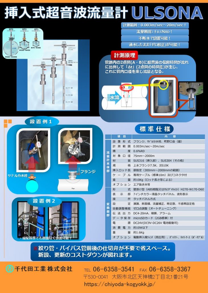 流量計の千代田工業（株）
挿入式超音波流量計ULSONAのPR用パンフレットの表面です。内容として、ULSONAの仕様等、使用されている実際の現場写真、超音波流量計の計測原理等を掲載しています。