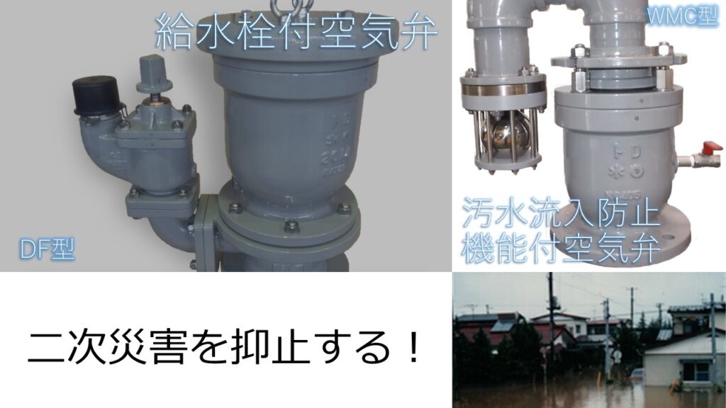 WMC汚水流入防止機能付空気弁Φ25～Φ200とDF型給水栓付急速空気弁Φ50～Φ200の二次災害に備えると称したPR画像です。
