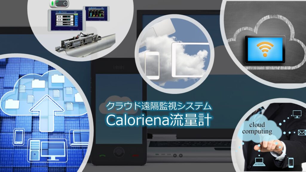 超音波流量計 クランプオン式Caloriena（カロリーナ）流量計のクラウド遠隔監視システムのイメージ画像です。
Caloriena流量計とクラウドシステムを併用することにより、瞬時流量・瞬時流速・正積算流量・負積算流量・水温（オプションにて水圧も計測も可能）をリアルタイムに遠隔監視できるシステムをご紹介します。このシステムは、データはクラウドに保存され、スマートフォンやパソコンなどからいつでも確認できます。

このシステムは、Caloriena流量計と、携帯キャリア回線を利用したクラウド遠隔監視システムの組み合わせです。Caloriena流量計は、既設配管等に取付可能なクランプオン式（外装式）流量計で、流量等の測定が可能な高精度な流量計です。クラウド遠隔監視システムは、Caloriena流量計から収集したデータをリアルタイムに送信し、お手持ちのデバイスで確認できる便利なシステムです。GPS機能も搭載しており、地図上で位置情報も把握できます。