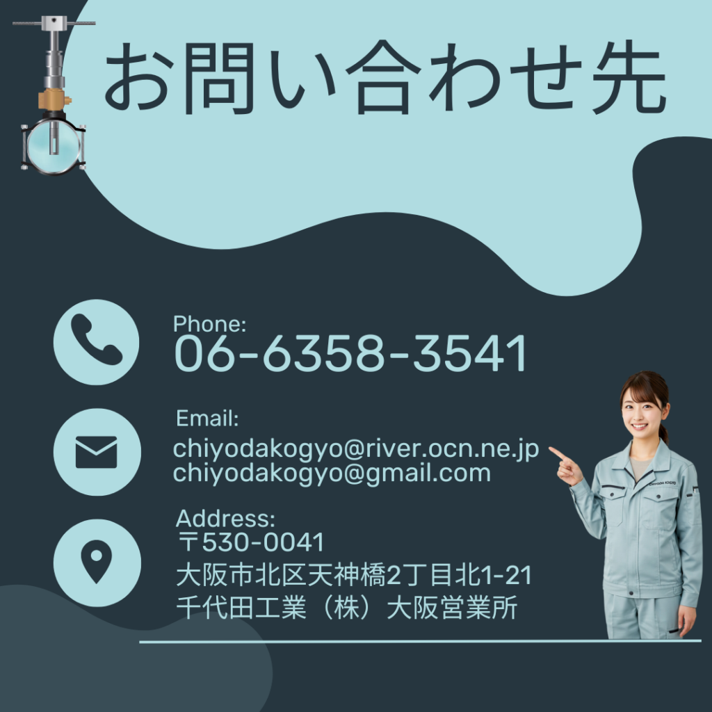 挿入式超音波流量計 ULSONA LT に関するお問い合わせ案内の画像その４です。千代田工業（株）大阪営業所の電話番号やメールアドレスなどの連絡先情報が記載されています。内容自体は前回の問い合わせ案内画像と同一ですが、今回紹介する担当者が異なります。