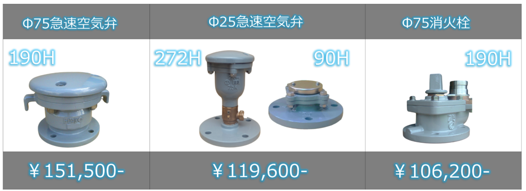 MN型短管（補修弁付）用の付属品として、Φ75およびΦ25の急速空気弁と、Φ75の浅層埋設対応地下式単口消火栓の価格表の画像です。