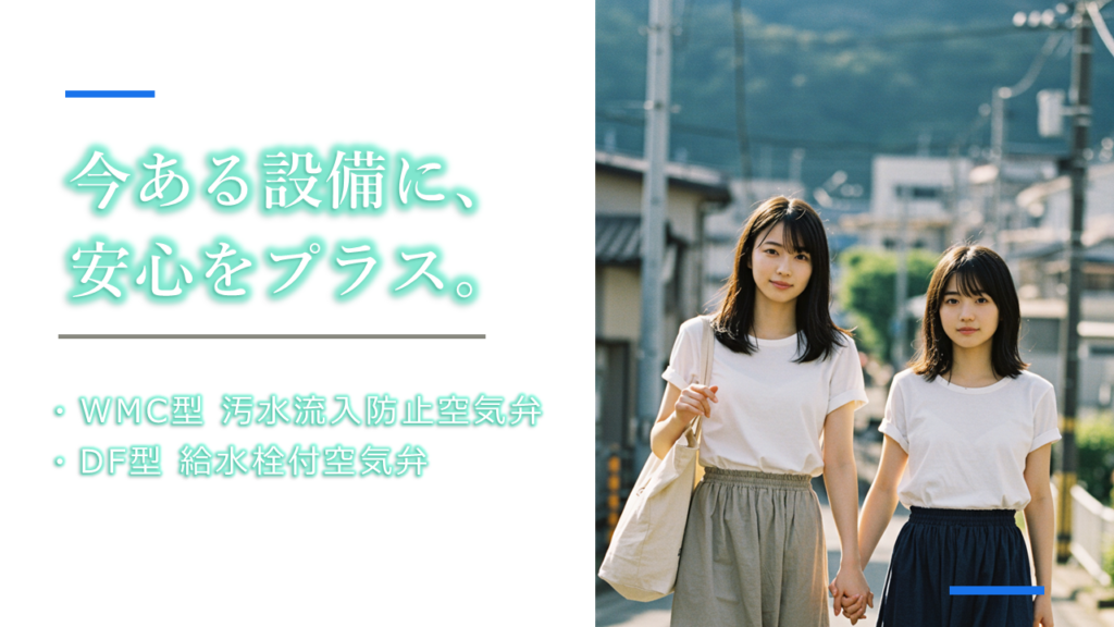 千代田工業㈱のイメージPR画像です。内容は２つの空気弁に絞ったPR画像にしています。WMC 汚水流入防止機能付急速空気弁と、DF型給水栓付急速空気弁のPR画像です。WMC型急速空気弁は口径ラインナップはΦ25～Φ200まで、DF型給水栓付急速空気弁はΦ75～Φ200まで、ラインナップしています。