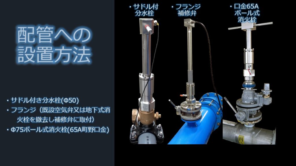 挿入式超音波流量計ULSONA（ウルソナ）DTの配管への設置方法のPR画像です。
耐久性と精度
・オールステンレス製の頑強な構造
・業界トップクラスの計測精度で、高精度な流量管理を実現
信頼性の高い検出システム
・振動子をセンサーシャフトスリット内に配置することで、外部衝撃から保護
水運用管理の簡素化
・遠隔監視システムとの併用により、現場への移動時間を削減
・データに基づいた効率的な運用管理を可能にするなどが主なULSONA流量計の特長です。
