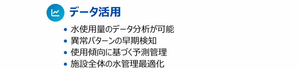 その4が「データ活⽤」で• ⽔使⽤量のデータ分析が可能 • 異常パターンの早期検知 • 使⽤傾向に基づく予測管理 • 施設全体の⽔管理最適化といった内容の説明画像です。