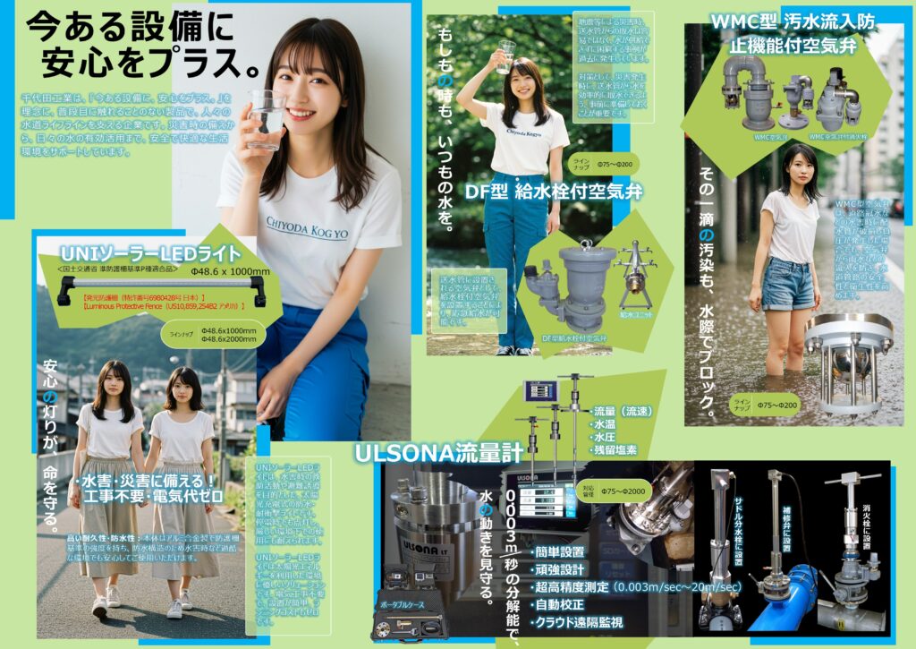 千代田工業(株)の災害対策対応空気弁のご紹介PR画像です。
「WMC 汚⽔流⼊防⽌ユニット付急速空気弁」と「DF型 給⽔栓付急速空気弁」のご紹介です。WMC空気弁は、⼀般的な空気弁に逆流防⽌ユニットを付加し、配管への汚⽔流⼊を防 ⽌します。浸⽔時においても汚⽔の逆流を確実にブロックする⾰新的 な設計です。DF型空気弁は、災害時、送⽔管から効率的に取⽔可能な設計。配⽔管が被害を受けて も、送⽔管からの給⽔を確保し、⽣活に必要な⽔を供給します。ラインナップはWMC型空気弁:Φ25~Φ200、DF型空気弁:Φ50~Φ200です。