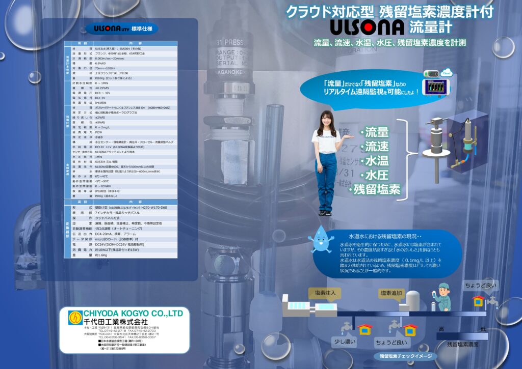 クラウド対応型 残留塩素濃度計付ULSONA流量計カタログの表裏の表面画像です。