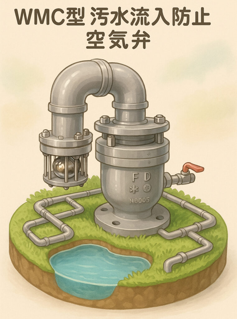 WMC型汚水流入防止機能付気弁のΦ25～Φ200のPR画像です。