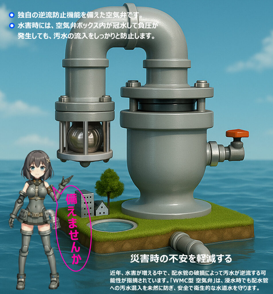 WMC汚水流入防止機能付空気弁Φ50～Φ200の二次災害に備えると称したPR画像です。
