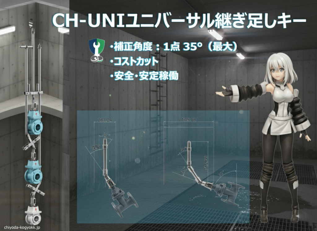 千代田工業(株)のCH-UNIユニバーサル継ぎ足しキーのキャラクターがPRしている画像です。