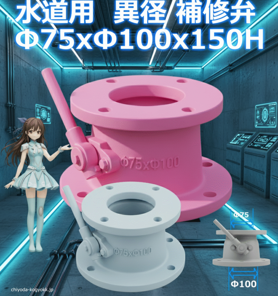 千代田工業（株）の水道用異径補修弁Φ75xΦ100x150HのPR画像で、千代田キャラクターのPRバージョンです。