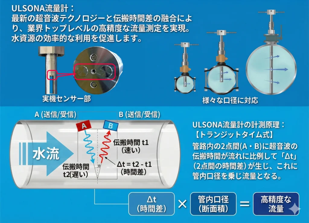 挿入式超音波流量計ULSONAの計測原理(トランジットタイム方式)を解説した画像です。