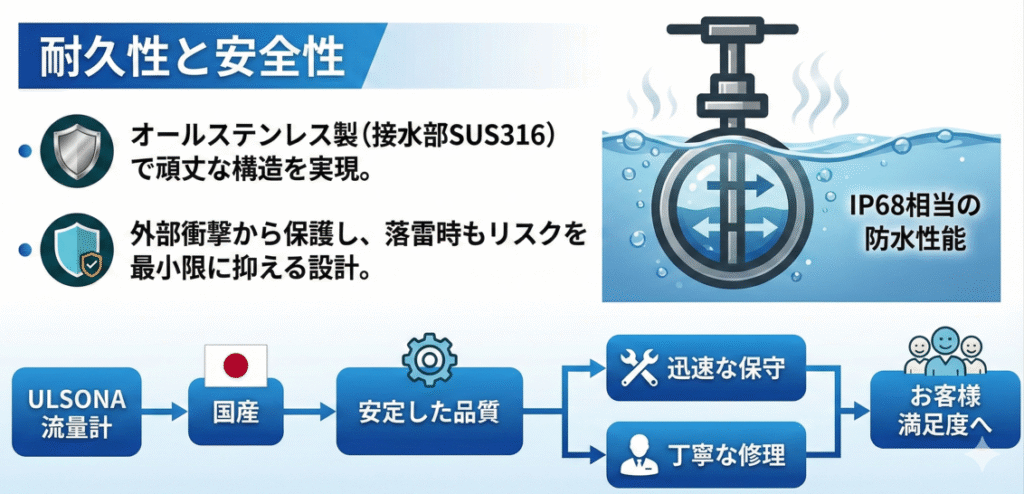 ULSONA流量計の製品素材について言及しているPR画像です。内容は⾼品質素材
センサーはオールステンレス製で、接⽔部には
SUS316
を採⽤。耐久性と耐蝕性に優れ、⻑期間安定した計測が可能です。シンプルかつ頑強な設計で、過酷な環境下でも安⼼してご使⽤いただけるといった内容です。
