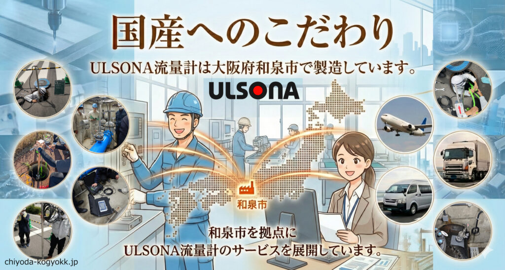 挿入式超音波流量計ULSONAΦ75～Φ2000の国産に特化した流量計であることのPR画像です。