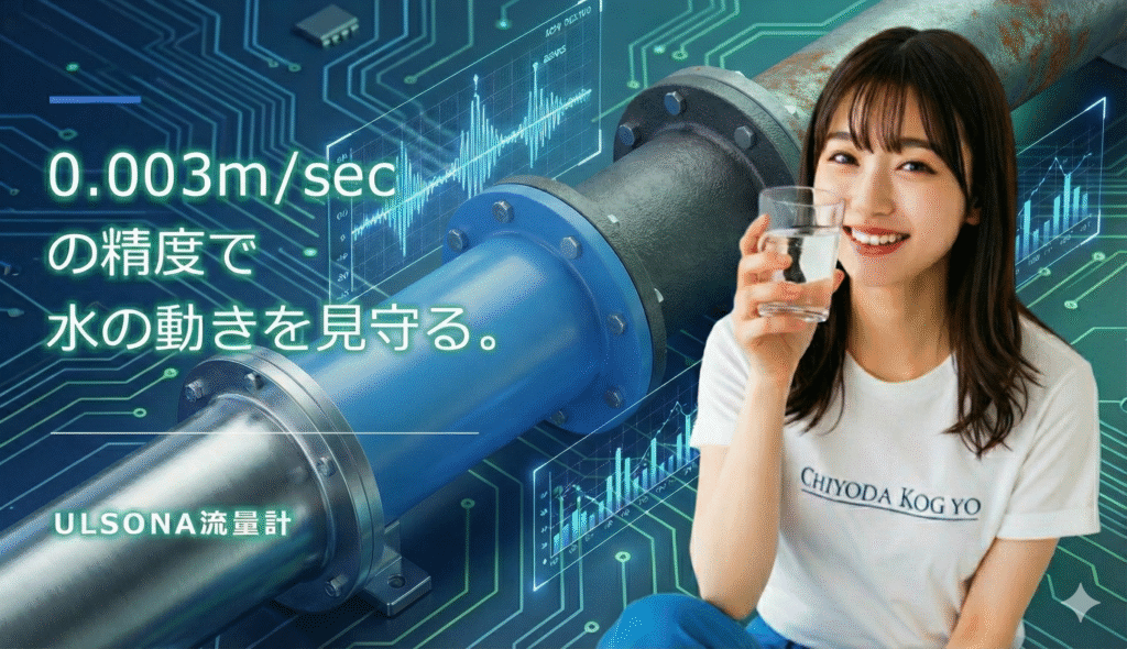 ULSONA流量計は、高精度な計測、多機能性、簡単な設置、クラウド遠隔監視システム、多様な設置方法、そして高い安全性と耐久性を兼ね備えた、超音波技術を利用した挿入式流量計というイメージをふまえたPR画像です。