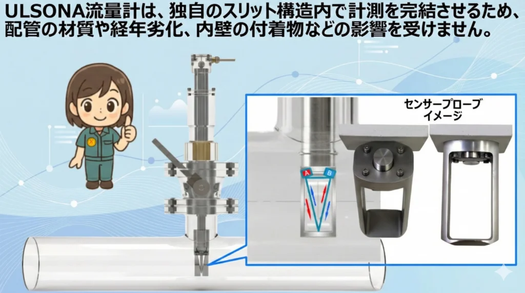 ULSONA流量計の安定超高精度計測を支えるセンサープローブスリット構造の紹介PR画像です。