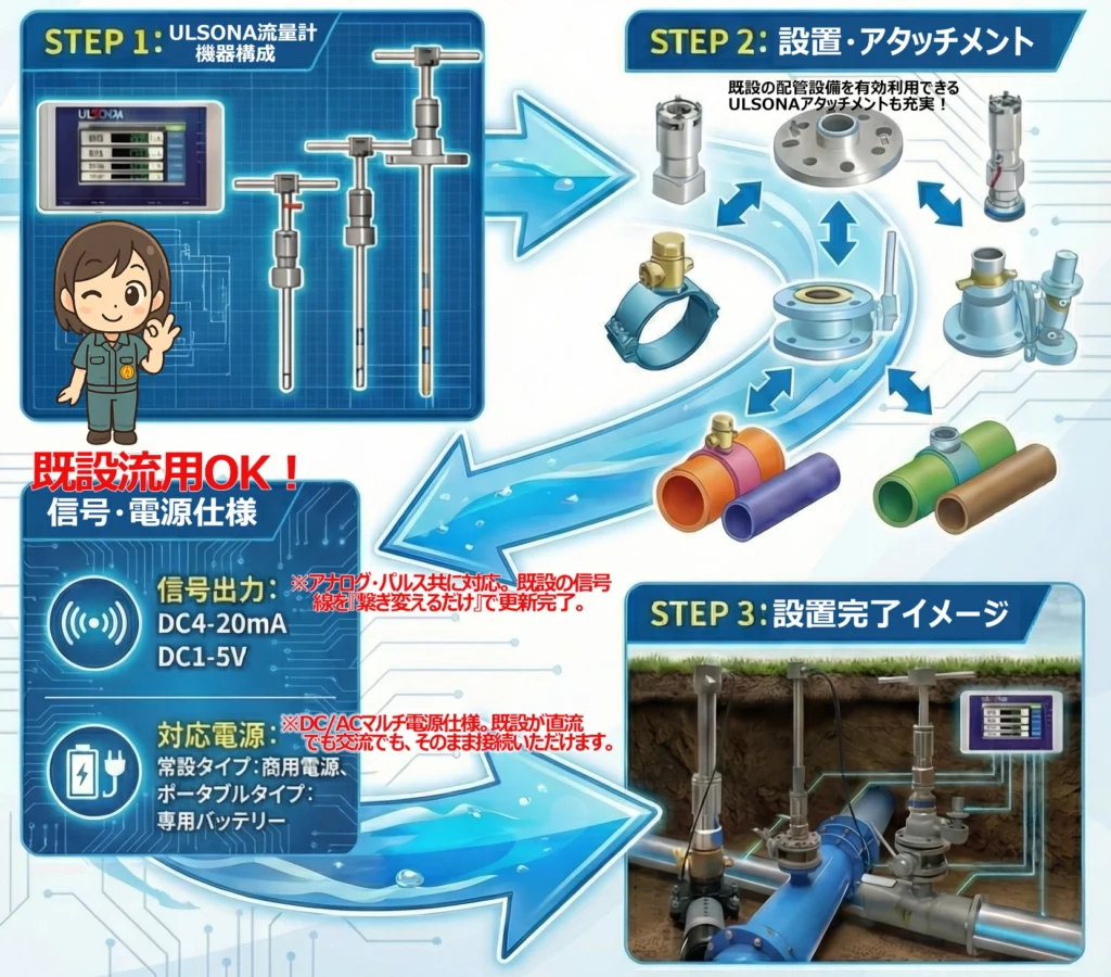 ULSONA流量計の既設短管型電磁流量計の不断水で賢く更新が行えるPR画像の別バージョンです。