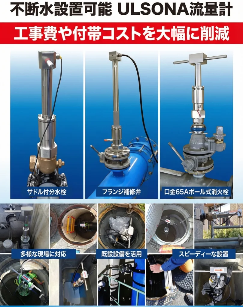 ULSONA流量計の不断水設置チラシの画像です。
