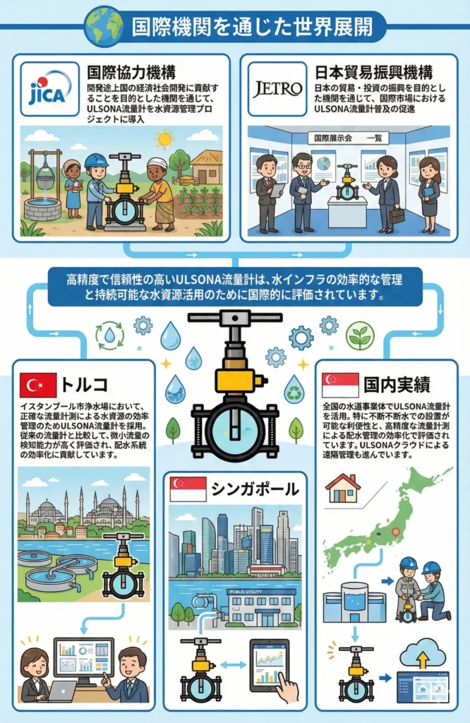 ULSONA流量計の世界展開をPRした画像です。ULSONA流量計は、JICAとJETROという日本の国際機関を通じて世界展開を進めています。JICAを通じて開発途上国の水資源管理プロジェクトに導入され、JETROを通じて国際市場での普及が促進されています。高精度で信頼性の高いULSONA流量計は、効率的な水インフラ管理と持続可能な水資源活用に貢献するため、国際的に高く評価されているといった内容です。