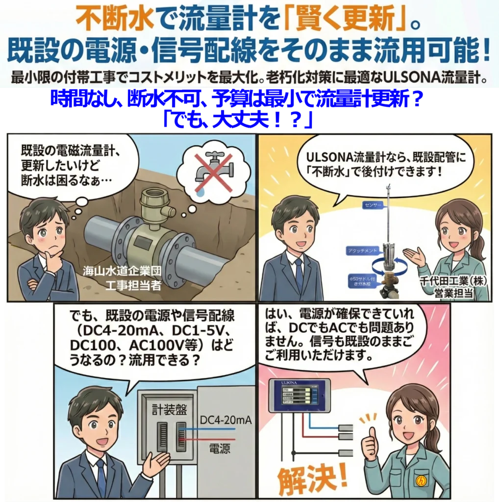 ULSONA流量計の既設短管型電磁流量計の不断水で賢く更新が行えるPR画像です。