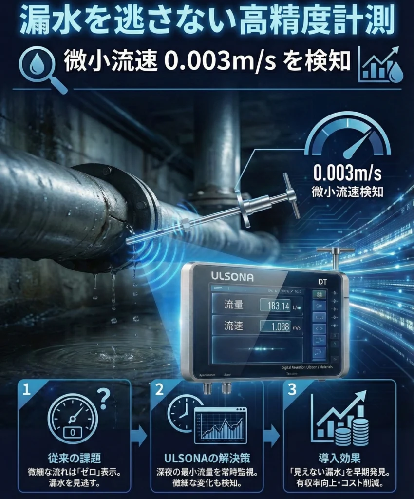 ULSONA流量計の漏水を逃さない高精度計測のPR画像です。