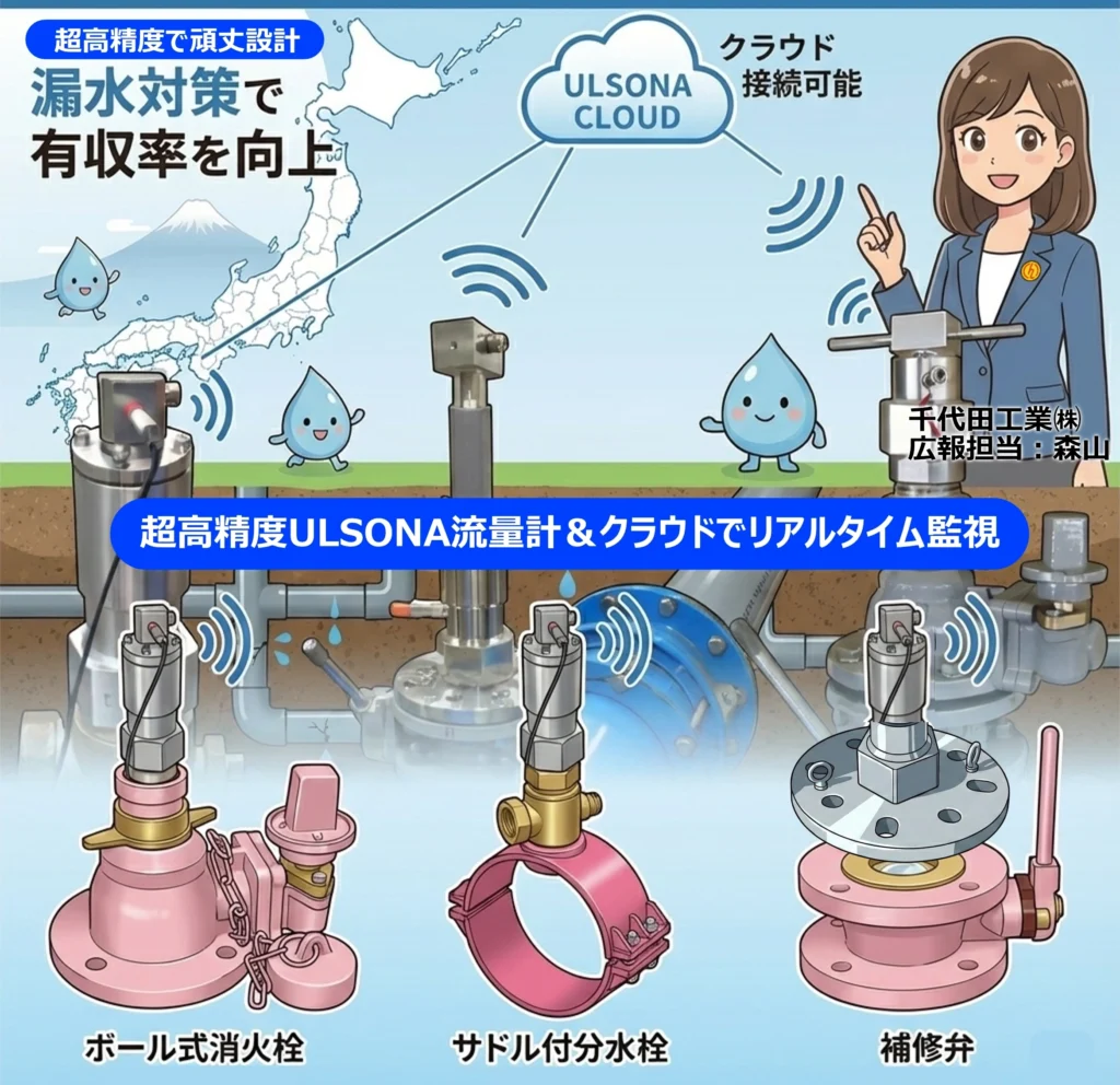 挿入式超音波流量計Φ75～Φ2000の高精度計測を生かしてクラウドでリアルタイム監視を御推奨するPR画像です。