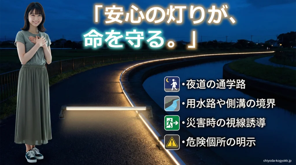 災害対策にも最適で、防水仕様のUNIソーラーLEDライトのPR画像です。「安心の灯りが、命を守る。」のキャッチフレーズ。