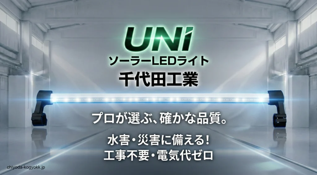 災害対策にも最適で、防水仕様のUNIソーラーLEDライトのPR画像別バージョンです。