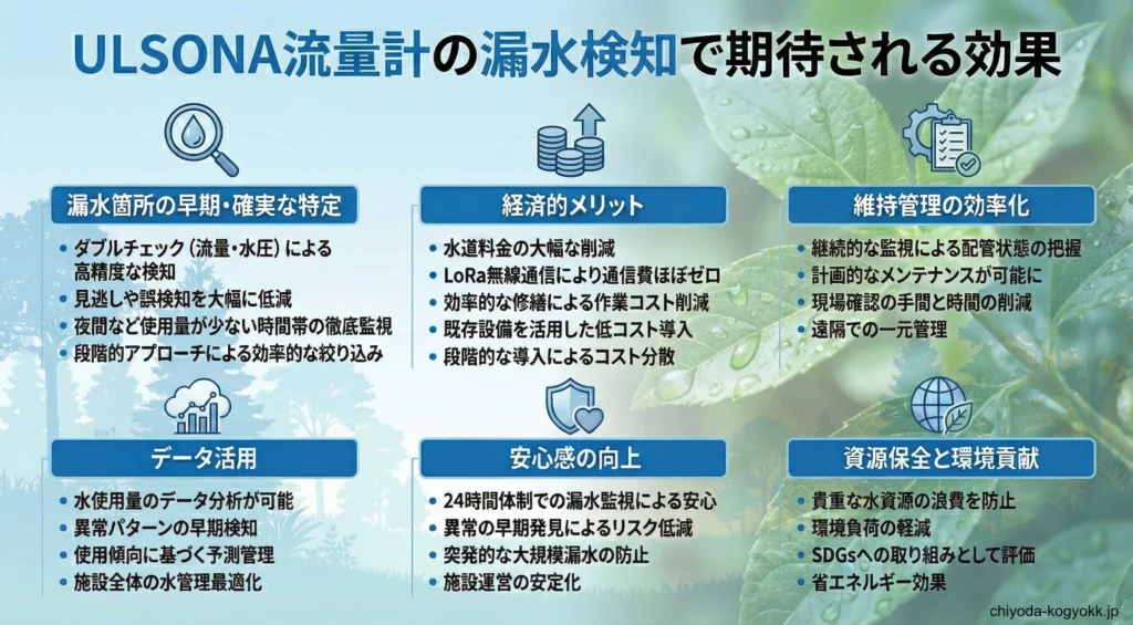 ULSONA流量計の漏水検知で期待される6つの効果。「漏水箇所の早期・確実な特定」「経済的メリット」「維持管理の効率化」「データ活用」「安心感の向上」「資源保全と環境貢献」の各項目を解説した図。