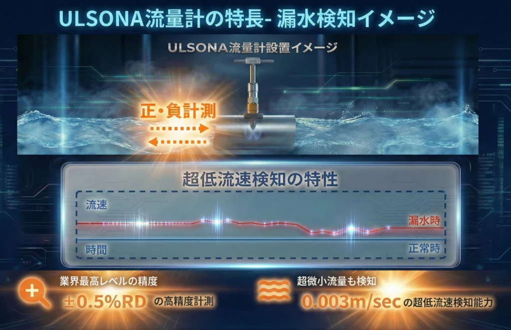 0.003m/secの超低流速検知と±0.5%RDの高精度で、水道インフラのDXと予防保全を支えるULSONAの3つの特長