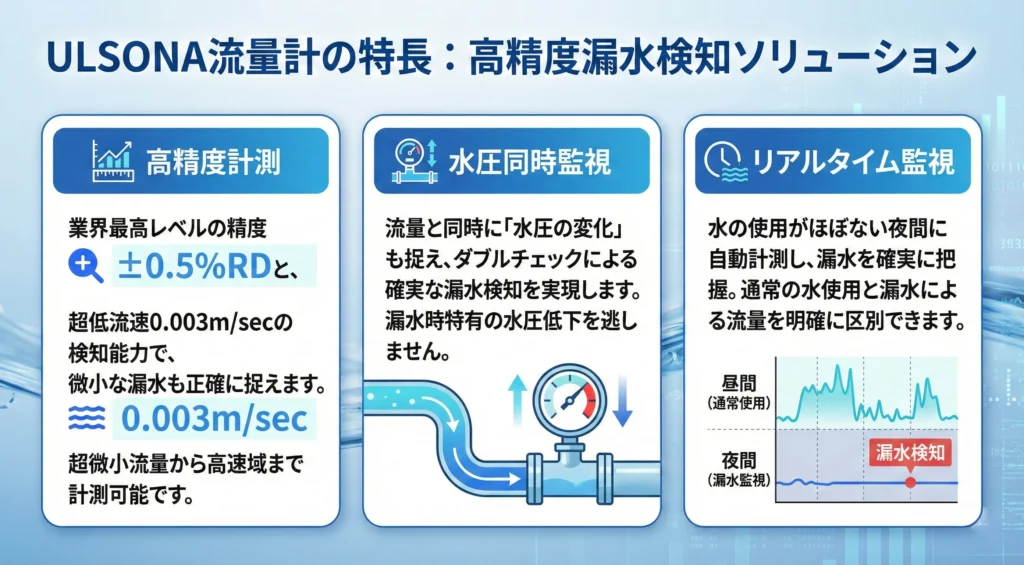 ULSONA流量計の高精度漏水検知ソリューション。±0.5%RD・0.003m/secの「高精度計測」、ダブルチェックを行う「水圧同時監視」、夜間に自動計測する「リアルタイム監視」の3つの特長を解説した図解。