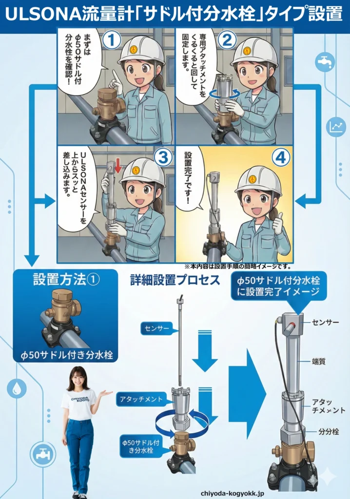 こちらは、不断水で設置可能なULSONA流量計の千代田工業株式会社による、設置方法①サドル付き分水栓（Φ50）の設置イメージ画像です。