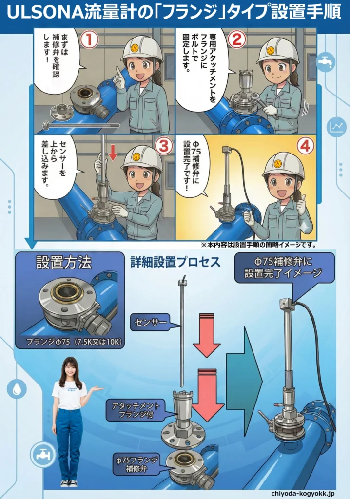 こちらは、不断水で設置可能なULSONA流量計の千代田工業株式会社による、設置方法②Φ75フランジ（7.5K/10K対応）の設置イメージ画像です。