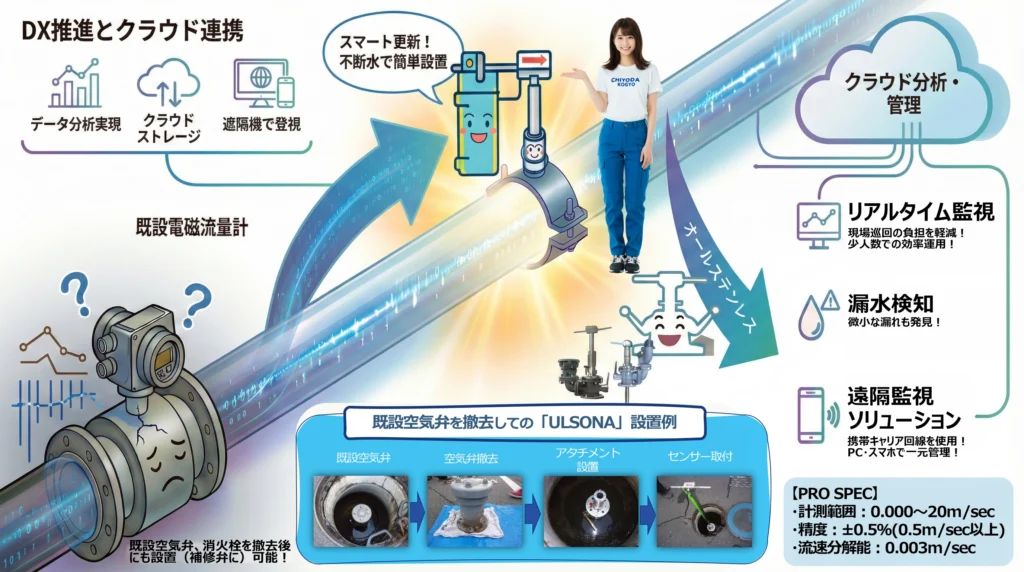 配管内の水流と気泡の挙動をシミュレーションしたテクニカルな図。気泡が集まる「赤色」のゾーンに空気弁が設置され、そこからクリーンなデータ波形が出ている様子。