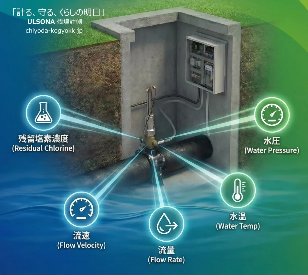 1拠点で流量・水圧などの保全データと残留塩素などの水質データを同時に取得するULSONAの統合センシング
